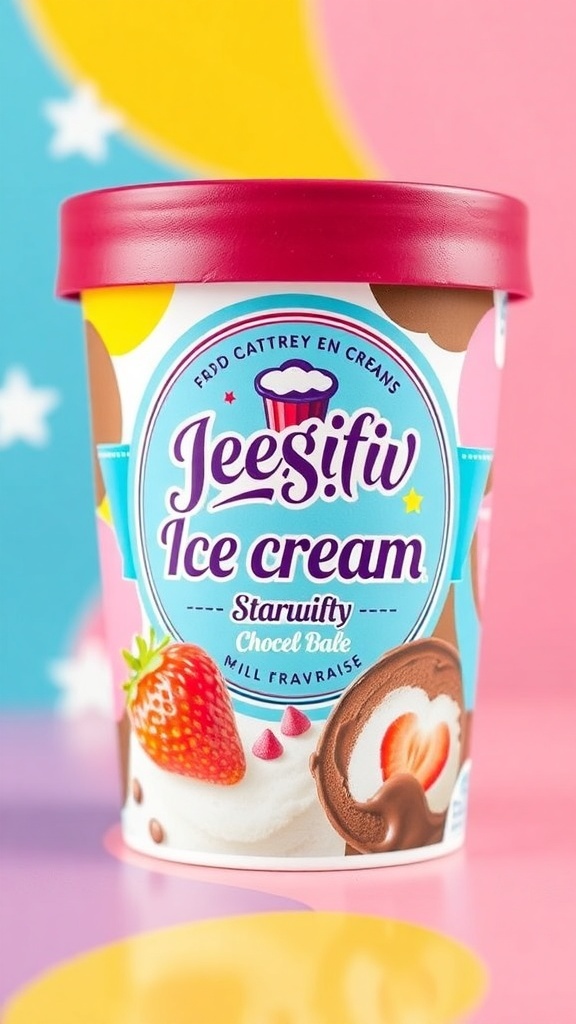 Colorful ice cream label design with flavor images and brand logo.